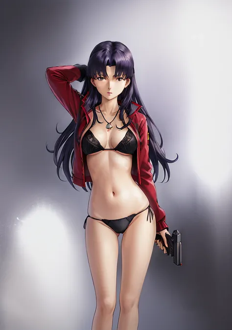 Katsuragi_Misato、
1girl in, guns, arma, pistols, pistol, 独奏, Holding_gun, jewely, Katsuragi_Misato, a necklace, undergarment, bare-legged, Black_Panties, trigger_discipline, panties on, Clothes_pull, long_hair, an lingerie, jaket, kneeking, breastsout, Blu...