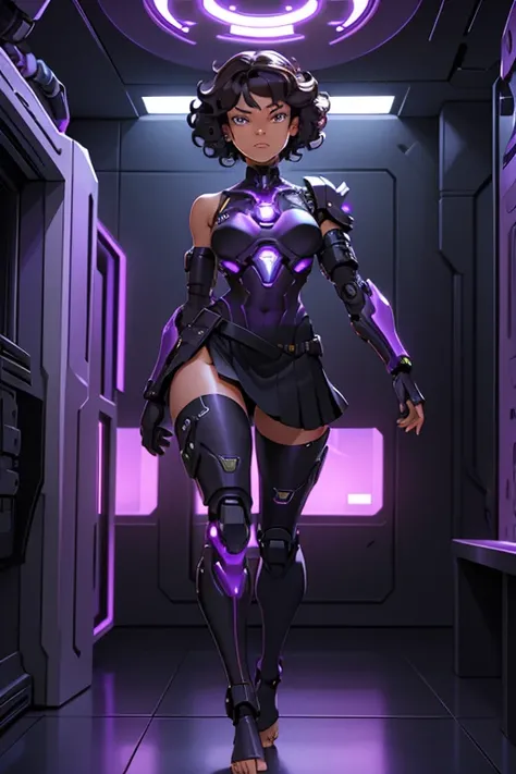 A beautiful, young, barefoot cyborg woman, wearing cybernetic technological black and purple body armor with a skirt, prosthetic arms and legs , with short shoulder-length curly hair, in a futuristic room, confident facial expression.