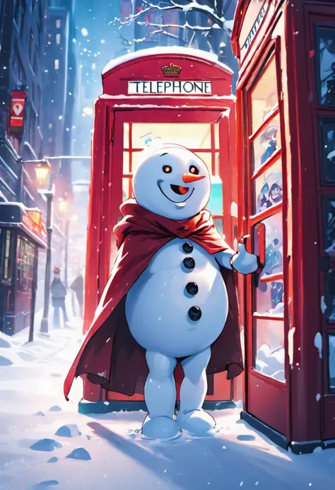 "((8k uhd high detail, 8k cinematic art)), In an 90s cartoon style, a snowman takes on the role of a superhero in a charming scene. Dressed in a vibrant cape and heroic accessories, the snowman displays a happy face as he waits for a bus. Positioned Centra...