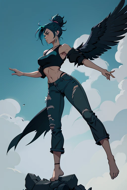 Side depiction of a barefoot woman with giant robotic raven wings, teal hair in a messy bun, wearing a shabby black croptop and tattered grey pants, floating in a dynamic pose.