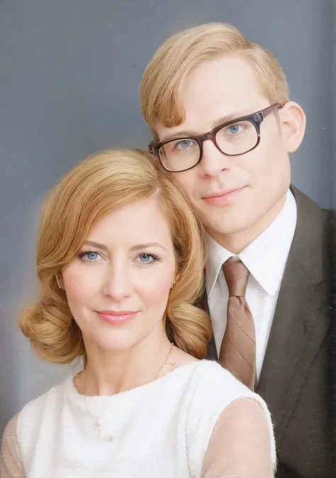 Casal homem e mulher, mulher de cabelo liso loiro, olhos azuis, white blouse with a string around the neck, homem de cabelo loiro, Blue eyes and glasses, fato de cor preta, camisa branca com gravata marrom com riscas pretas