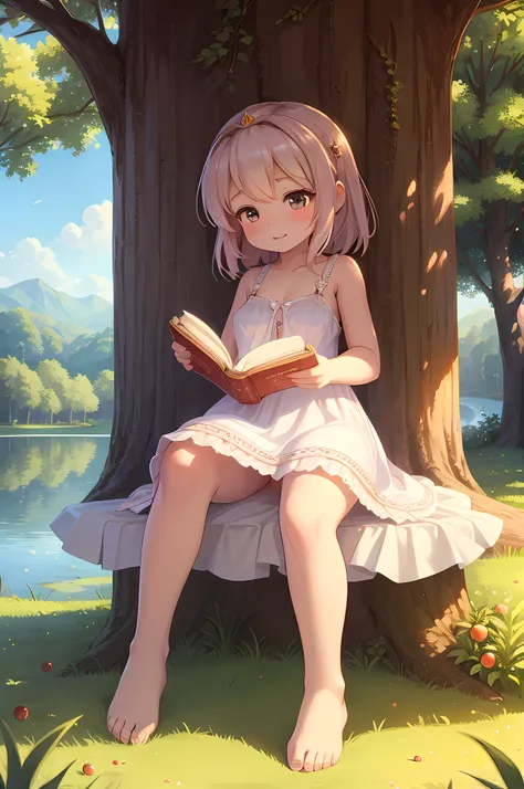 loli princess, lewd face, light dress, pulled up dress, little breast, sitting under the tree, reading book, apple garden, lake, warm morning, haze, detailed, extreme light effect, high quality, 4k