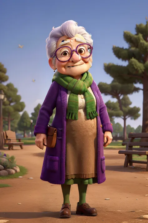 masterpiece, best quality, an old woman with glasses and a scarf on, wearing a purple coat and green scarf, standing at the park