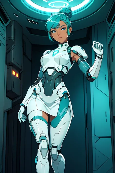 A beautiful, young, barefoot cyborg woman, wearing cybernetic technological white and teal body armor with a skirt, prosthetic arms and legs , with short hair in a bun, in a futuristic room, confident facial expression.