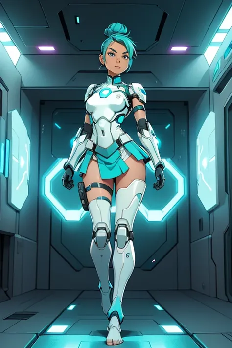 A beautiful, young, barefoot cyborg woman, wearing cybernetic technological white and teal body armor with a skirt, prosthetic arms and legs , with short hair in a bun, in a futuristic room, confident facial expression.