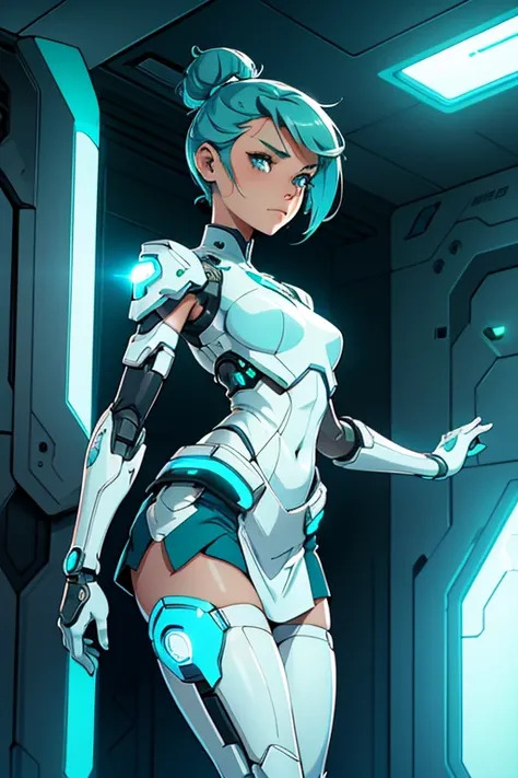 A beautiful, young, barefoot cyborg woman, wearing cybernetic technological white and teal body armor with a skirt, prosthetic arms and legs , with short hair in a bun, in a futuristic room, confident facial expression.