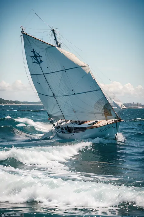 analogue style, ChromaV5, nvinkpunk, (papel de parede 8k de unidade CG extremamente detalhado), An illustration of a sailboat with a white hull and sails, navegando em um mar com poucas ondas, iluminado pelo sol de fim de tarde, The sea water is the color ...