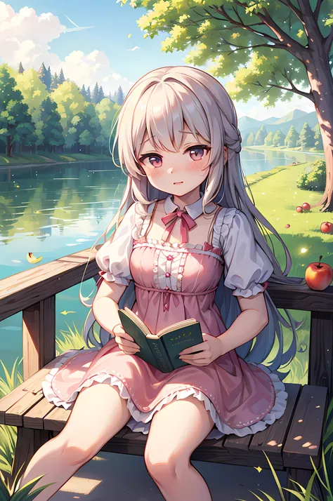 loli princess, blush, pulled up dress, (vagina), little breast, sitting under the tree, reading book, apple garden, lake, warm morning, haze, detailed, extreme light effect, high quality, 4k