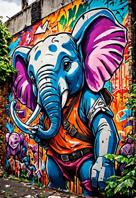 graffiti style anime style, adventurer elephant, dense jungle, holding a machete . street art, vibrant, urban, detailed, tag, mu...