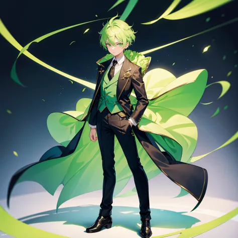 1 boy(non binary),light green hair,green eyes,suit coat with frill sleeves,pants,black boots,full body,top quality,high detail