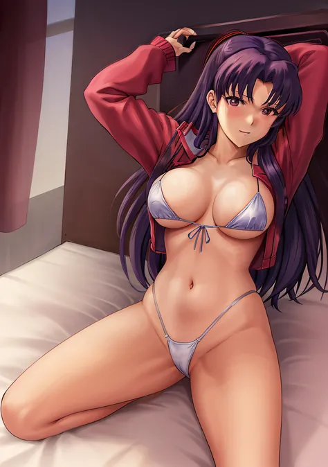 Katsuragi_Misato、、a bed、fullnude、undergarment、Colossal tits、Spread your legs apart、Seductive、
1girl in, 独奏, Purple_hair, long_hair, Katsuragi_Misato,
high detailing、ciinematic light、intricate detailes、hight resolution、High Details、the detail、top-quality、