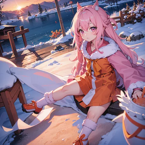 senko-san, loli, big freezed lake, winter, multicolored hair, white hair, pink hair, orange skirt, orange sunset, 1girl, hi resolution, 4k, sakura, snowed lake, pink scratches on a face