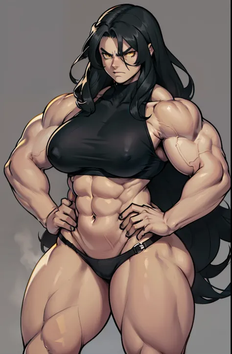 ((grey background)), solo, ((((1 girl)))), very long hair, black hair, angry, yellow eyes, (((((muscular))))), (huge tits), (thick thighs), (wide hips), pale skin, standing, slick hair