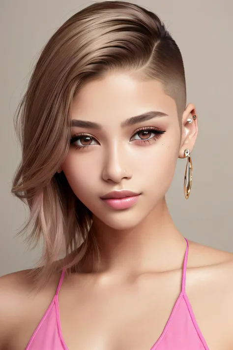 beautiful girl, brown_eyes, ((beautiful slim teenage girl 18 year old, hair color [Dirty blonde hair], [undercut pixie] hair)), earrings, lips, realistic, narrow waist, charming, pink lipstick, colorful makeup, long eyelashes, earrings, wearing eyeliner, f...