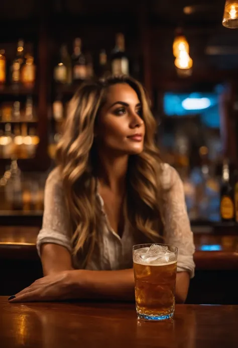 (chica de cabello oscuro) sentado en un bar, con un (congelado y sudando) vaso de cerveza, (Disfrutando) La bebida