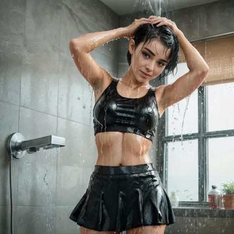 ((25 years old woman with short black hair)), wearing ((cheerleader long crop top and skirt)), washing hair, showering, (indoor), ((not looking at camera)), playful, happy, (random face), (((wet hair))), ((dressed up)), ((soaked)), ((drenched)), ((dripping...