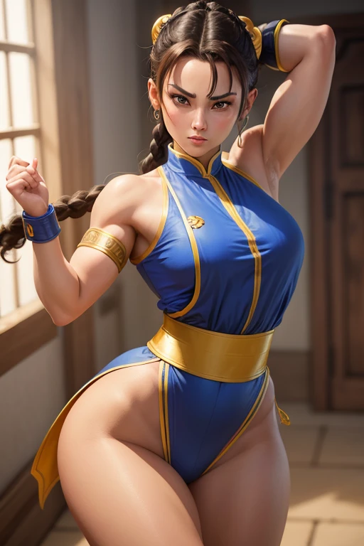 uma mulher sexy, Roupa Chun-Li, Jogo de Street Fighter, braid hair, cara bonita, Pose de luta, seios nu