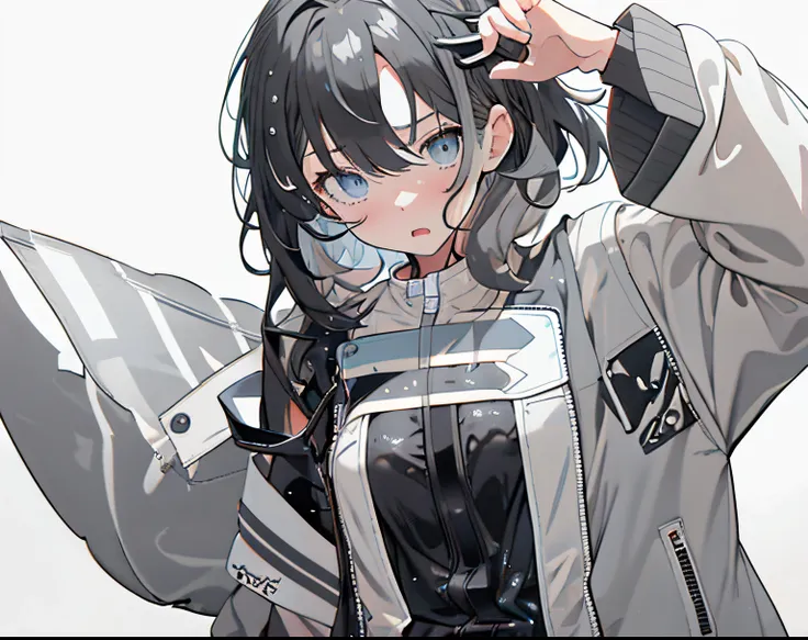 【Highest Quality, masutepiece】 [girl, Manteau, expressioness, Turquoise eyes, front facing, jet-black hair, Jacket comes off, Upper body] (Gray white background:1.7), Surprised, Sheer, Wet, wet dripping hair, wet hair,