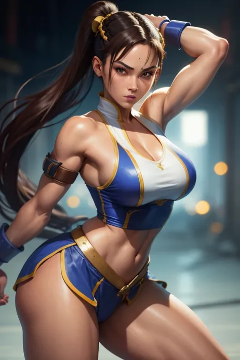 uma mulher sexy, Roupa Chun-Li, Jogo de Street Fighter, braid hair, cara bonita, Pose de luta