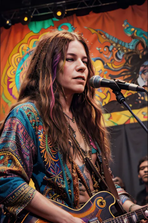 janis joplin on stage along with jimi hendrix playing guitar with his left hand, psychedelia, vivid color scheme, surreal, expressive, acrylic palette, mixed media, intricate details, highly detailed, flesh style griffiths, brom, kaethe butcher, deviantart...