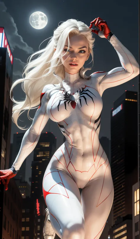 (Masterpiece, 4k resolution, ultra-realistic, very detailed), (White superhero theme, charismatic, theres a girl on top of town, wearing Spider-Man costume, shes a superhero), [ ((25 years), (long white hair:1.2), full body, (blue eyes:1.2), ((Spider-Man p...