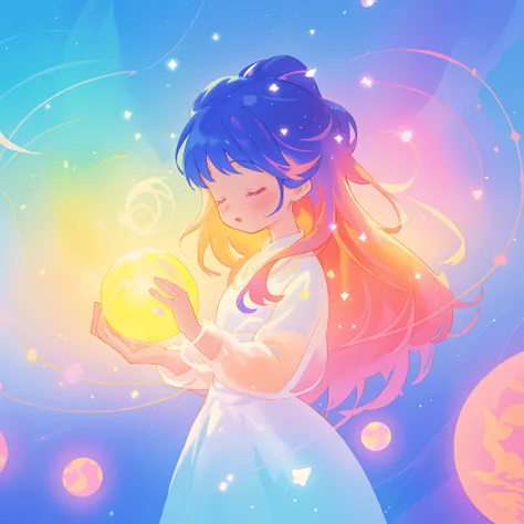 beautiful girl in sparkling white dress holding a glowing magical sphere, glowing ballgown, (magical, whimsical), (magical orb), long flowing colorful hair, colorful fantasia background, watercolor illustration, disney art style, glowing aura around her, g...