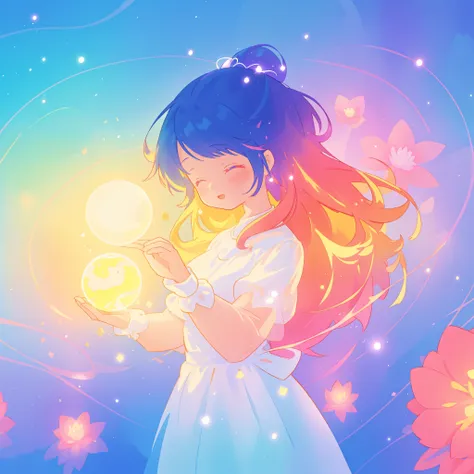 beautiful girl in sparkling white dress holding a glowing magical sphere, glowing ballgown, (magical, whimsical), (magical orb), long flowing colorful hair, colorful fantasia background, watercolor illustration, disney art style, glowing aura around her, g...