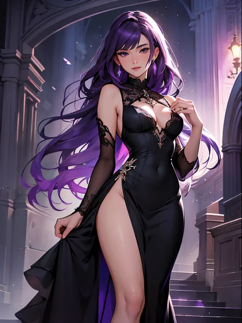 Best Quality,4k,hight resolution,Masterpiece:1.2),Beautiful detailed purple hair,Surprisingly Long Purple Hair,Flickering Particles,Elegant figure,evening gown. Beautiful figure. black evening dress. srestrained. Elegant dress. Prom. Beautiful hall. young ...