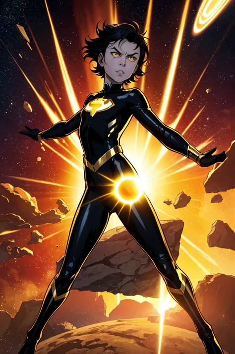 14yo child girl, pale skin, metallic black and gold long sleeve bodysuit, black short hair, little body, close mouth, angry face, yellow eye, full body, space scenary, high quality, perfect details, day, sun illumination, superhero style