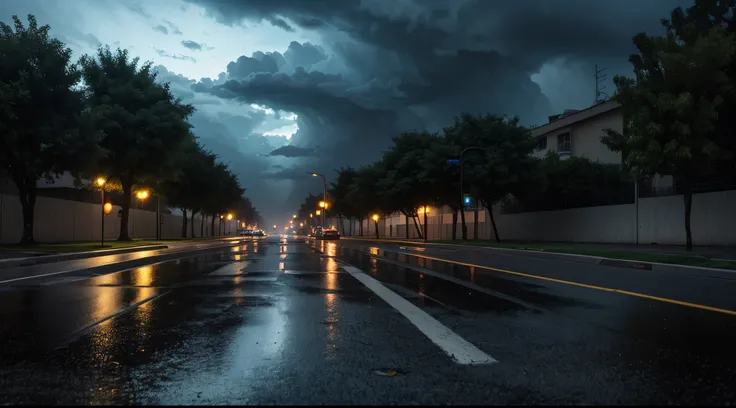 Night with storm, cloudy sky, a square with trees around, deserted streets, wet asphalt from rain, humid and foggy environment.