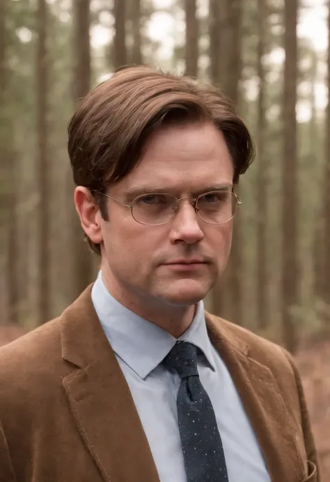 A photo of Dwight standing in front of a firing range, holding a rifle and wearing ear protection.,The Office,Dwight Schrute, another character from “The Office,” is known for his distinct, somewhat antiquated appearance: a stern expression, a rigid, forma...