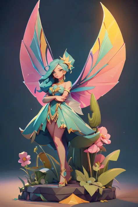 blender, 3d model, low poly geometry, garish colors, fantasy fairy model, long dress, bare foot