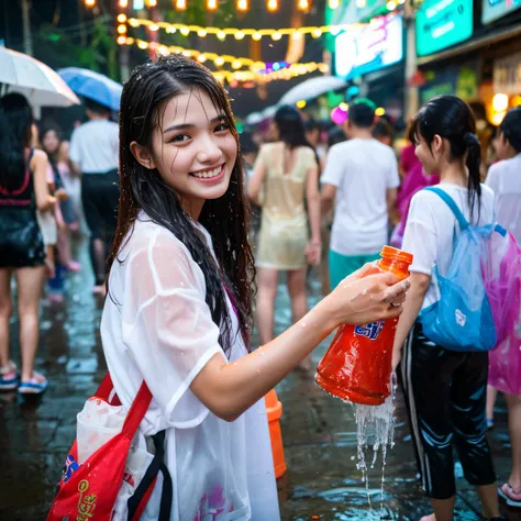 Songkran, wet street party, soaked young girls, drenched, dripping, wet clothes, wet skin, wet hair