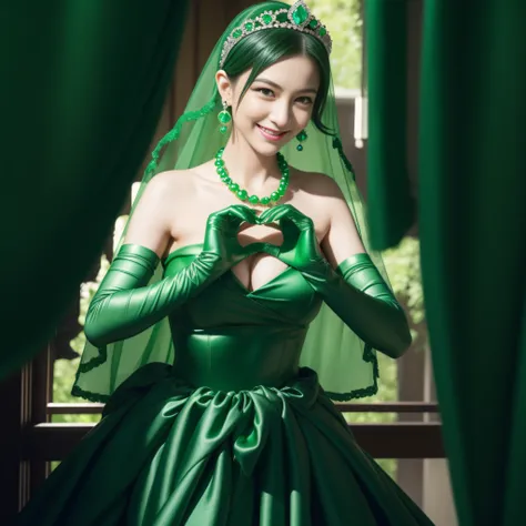 emerald tiara, Green Pearl Necklace, Boyish very short black hair, lipsticks, Japan woman smiling, very short short hair,  big breasts beautiful, Green eyes, Long green gloves made of satin material, Green eyes, Emerald Earrings, green vale, Heart with bot...