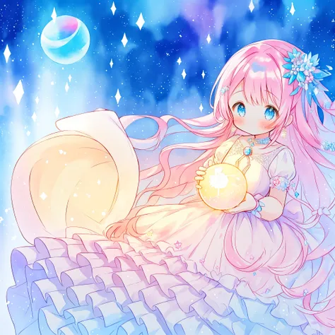 beautiful girl in sparkling white dress holding a magical sphere, ((sparkling puffy layered ballgown)), (magical, whimsical), (glowing magical orb), long flowing colorful hair, colorful fantasia background, watercolor illustration, disney art style, glowin...