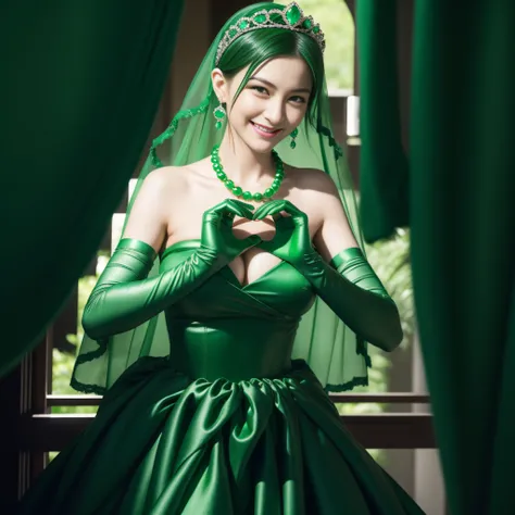 emerald tiara, Green Pearl Necklace, Boyish very short black hair, lipsticks, Japan woman smiling, very short short hair,  big breasts beautiful, Green eyes, Long green gloves made of satin material, Green eyes, Emerald Earrings, green vale, Heart with bot...