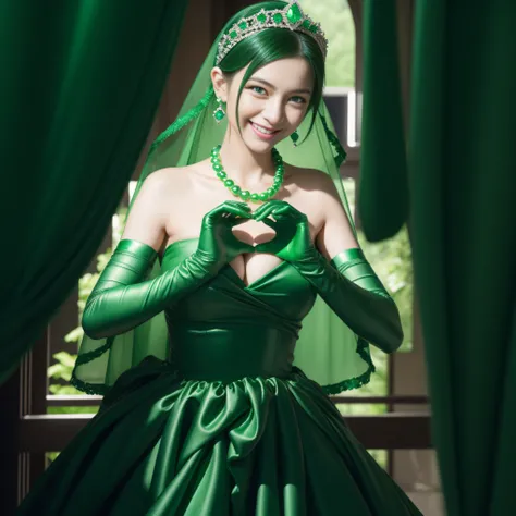 emerald tiara, Green Pearl Necklace, Boyish very short black hair, lipsticks, Japan woman smiling, very short short hair,  big breasts beautiful, Green eyes, Long green gloves made of satin material, Green eyes, Emerald Earrings, green vale, Heart with bot...