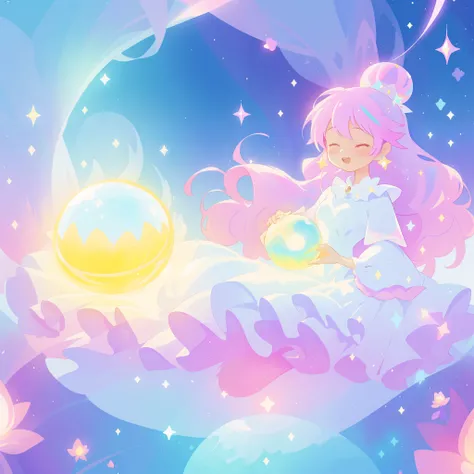 beautiful girl in sparkling white dress holding a magical sphere, ((sparkling puffy layered ballgown)), (magical, whimsical), (glowing magical orb), long flowing colorful hair, colorful fantasia background, watercolor illustration, disney art style, glowin...