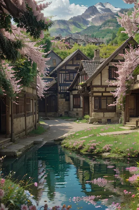 fantasy isekai, medieval town, beautiful landscape, bright day time, blue skies. Huge Sakura Tree in the center of city. Large kingdom and castle at the end of the city