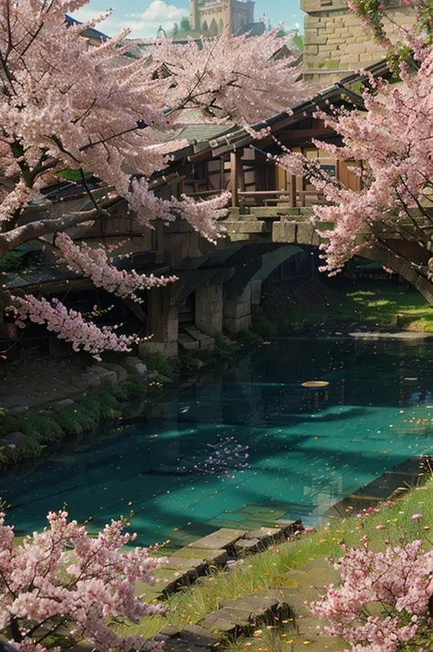 fantasy isekai, medieval town, beautiful landscape, bright day time, blue skies. Huge Sakura Tree in the center of city. Large kingdom and castle at the end of the city