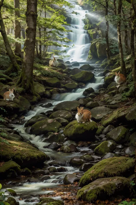 arafed image of a stream running through a forest with mossy rocks, a forest with bunnies, magical forest backround, bunnies, in deep forest hungle, inspired by Ethel Schwabacher, rabbits, anime lush john 8k woods, gentle sparkling forest stream, realistic...