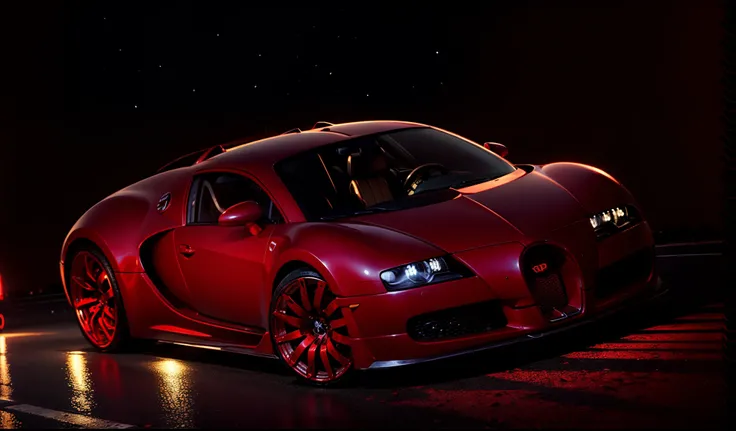 an imposing red Bugatti with its headlights on on a street in East Los Angeles at night full of stars with Saturn appearing with rings and comets crossing the sky and with the full moon illuminated and reflecting objects. Grafitti nos muros e carros e a ru...