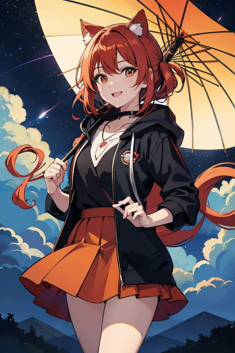 scarlet colored hair、cat ear、Orange eyes、Eyes topaz color、hair pin、Twin-tailed、The shirt、parka、a short skirt、a necklace、double tooth、sparking eyes、birthday、Lots of gifts、Umbrella in one hand、smile、takeout、shooting stars、milkyway、a moon、Seductive Anime Girl...