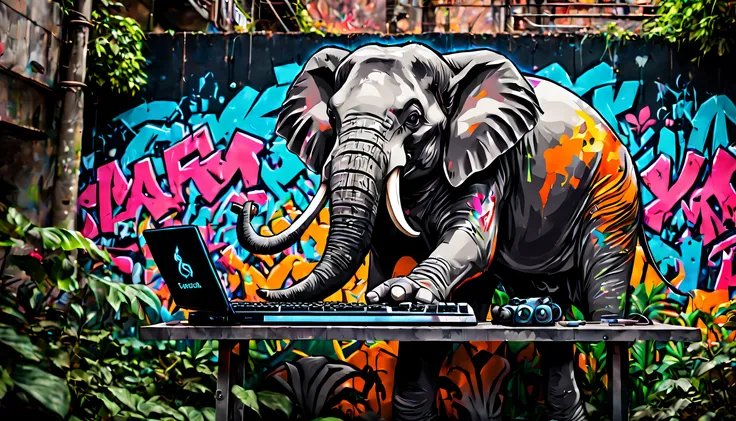 graffiti style anime style, adventurer elephant, dense jungle, holding a led gaming keyboard. street art, vibrant, urban, detail...