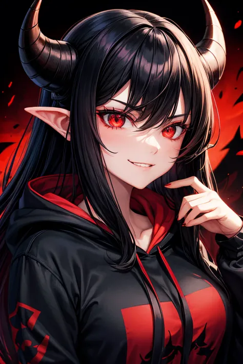 Shadow lord, red eyes, charismatic, female, darkness, dark background, portrait, casual clothing, black hair, hoodie, long hair, horns, tall, smirking