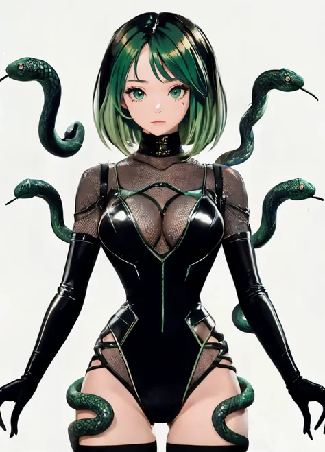 A girl wearing a bodysuit. She wears a cyber style bodysuit. A girl with snakes growing out of her body. She is wearing black long gloves. she has green hair. She has snake eyes.