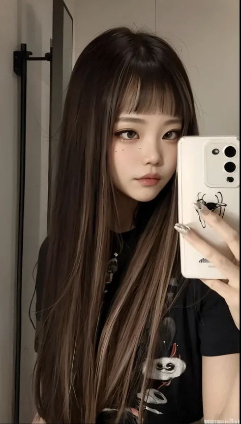 Mulher que tira selfie com o celular, Ulzzang, cruel korean goth girl, Estilo de Junji Ito, branco hime corte penteado, cabelo comprido com franja completa, cabelos longos com franja, O corte Hime, cabelo longo castanho com franja, preto hime corte cabelo,...