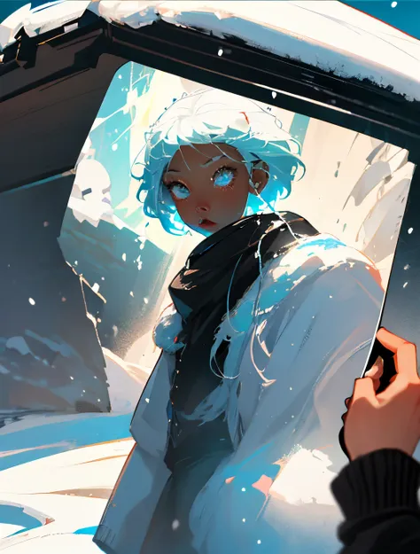 #4 ui first person manga sees a female character water transparent white afro hair that floats around hair water falling snow we...