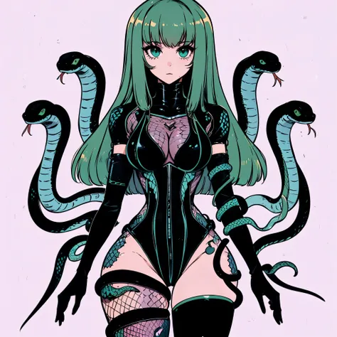 Girl in a bodysuit. she is wearing a cyber style bodysuit. A girl with a snake growing out of her body. she is wearing long black gloves. She has green hair. She has snake eyes.