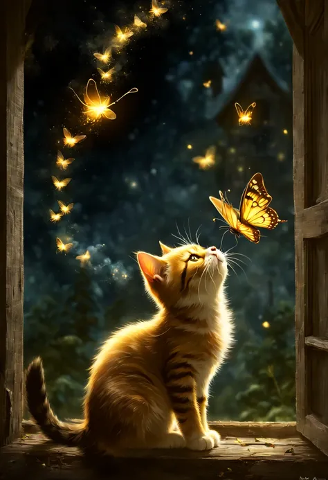 a kitten bathed in moonlight looks at a glowing firefly butterfly, side view, he looks up, ((magic glowing magic smoke and firef...